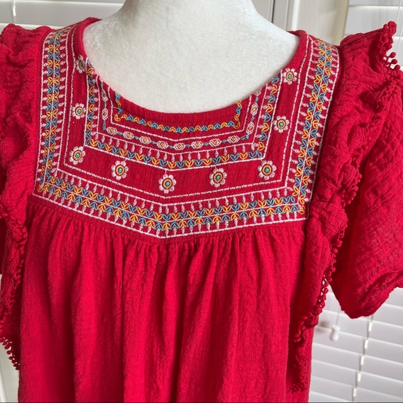 Umgee Size Small Red Floral Mini Summer Bohemian Dress Bell Sleeve Cottagecore - Picture 3 of 13